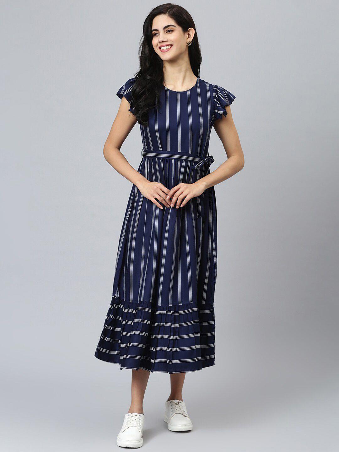 flamboyant blue striped a-line midi denim tencel dress
