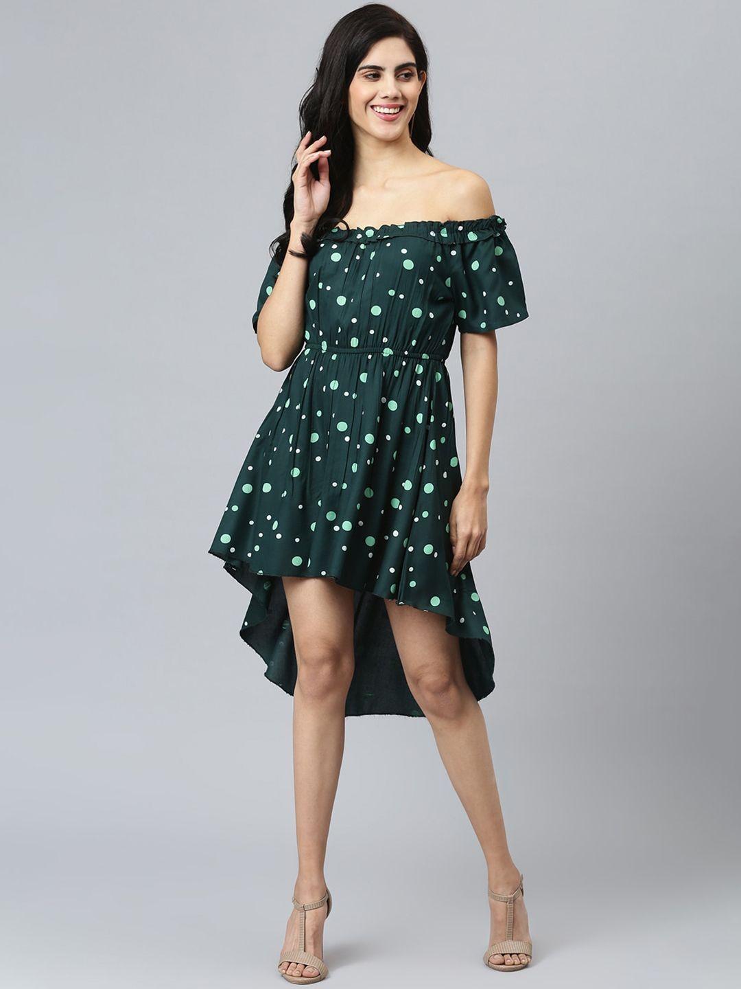 flamboyant green off-shoulder printed high-low fit & flare dress