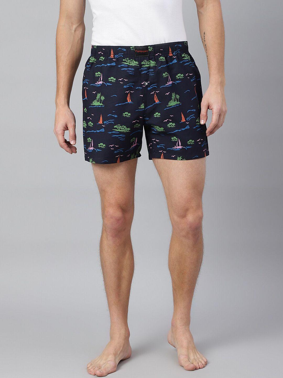 flamboyant men navy-blue & green printed pure cotton boxer