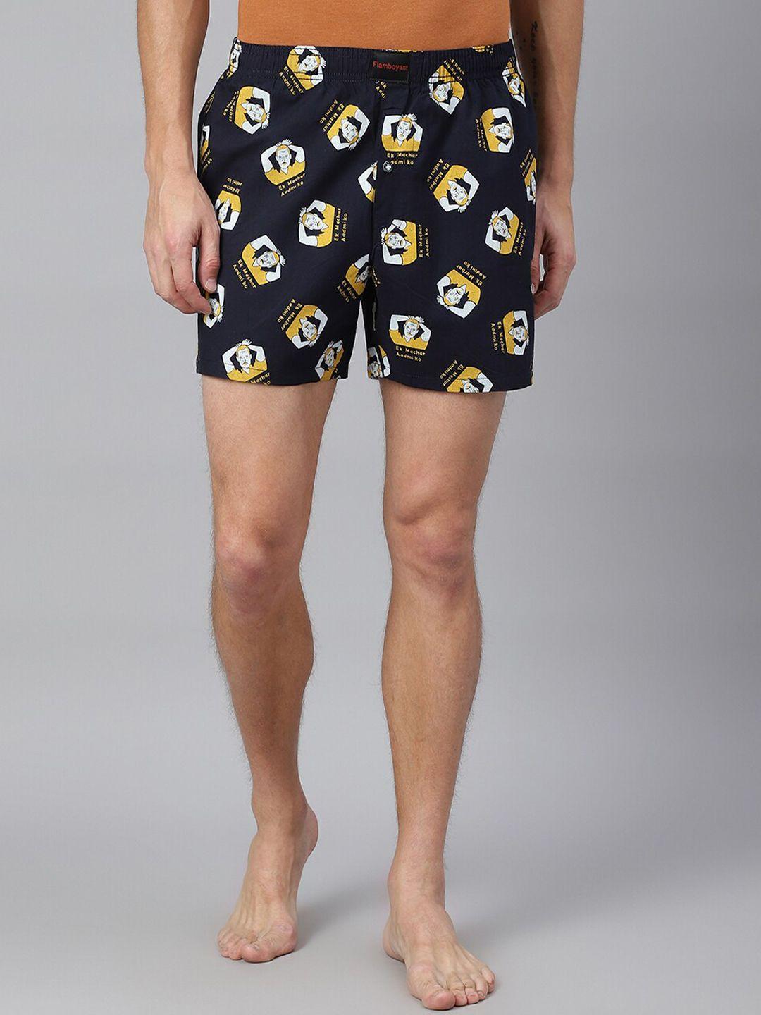 flamboyant men navy blue & yellow printed pure cotton boxers