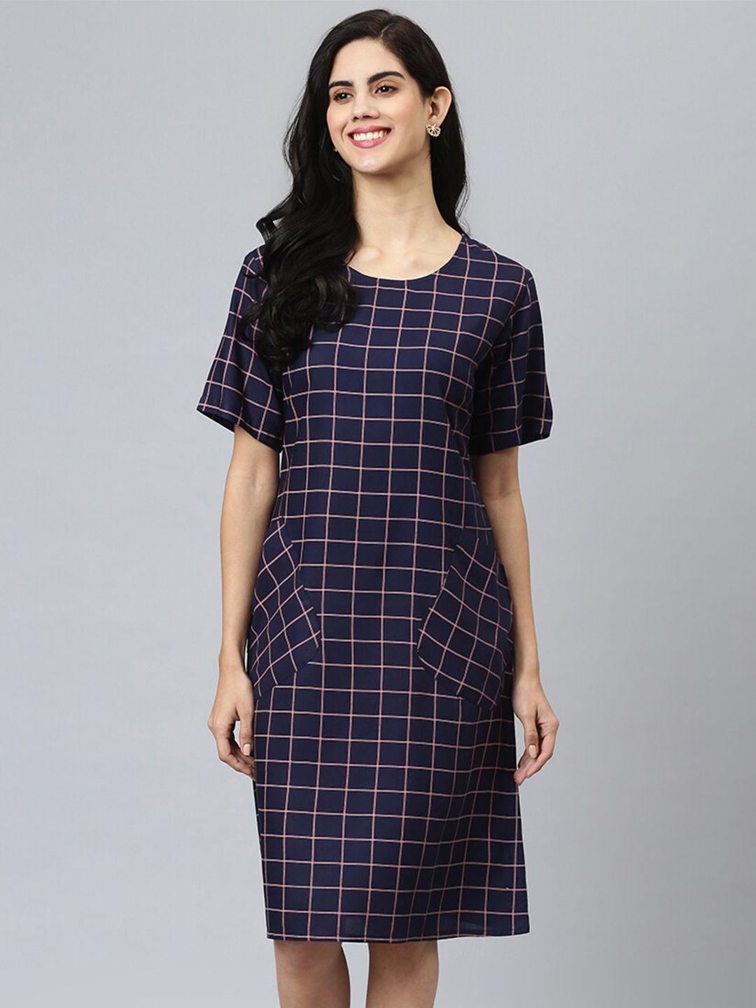 flamboyant navy blue checked a-line dress