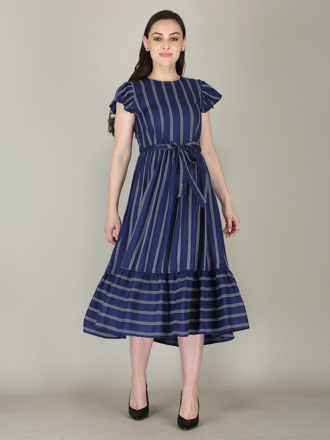 flamboyant navy blue striped a-line midi dress
