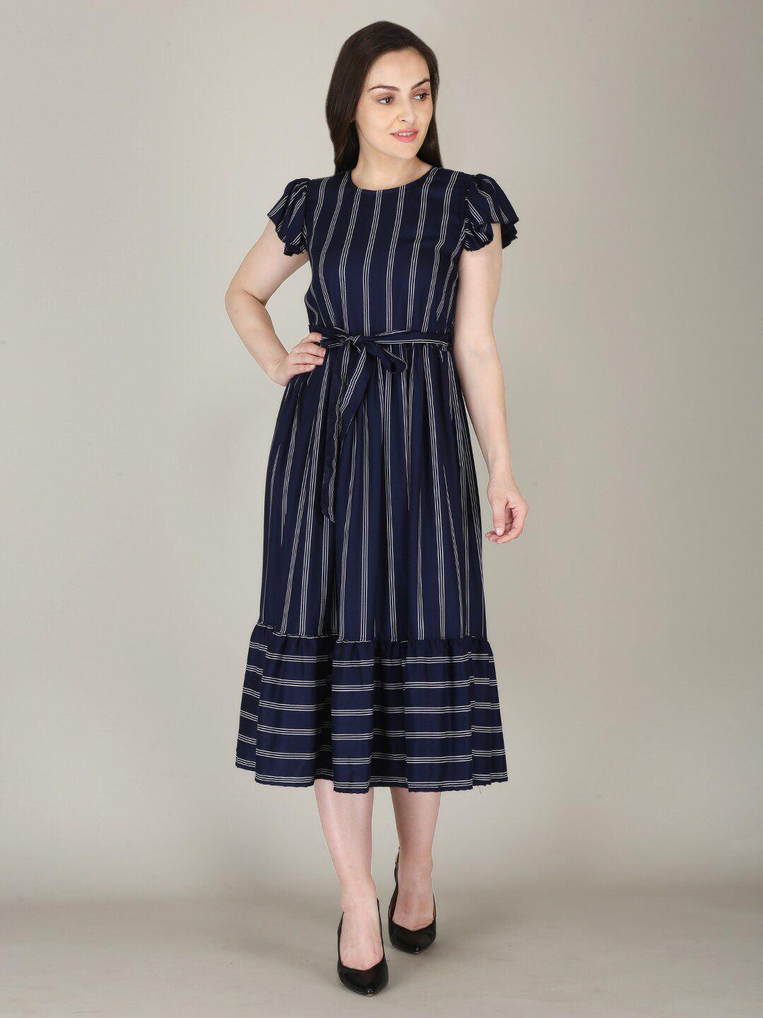 flamboyant navy blue striped a-line midi dress