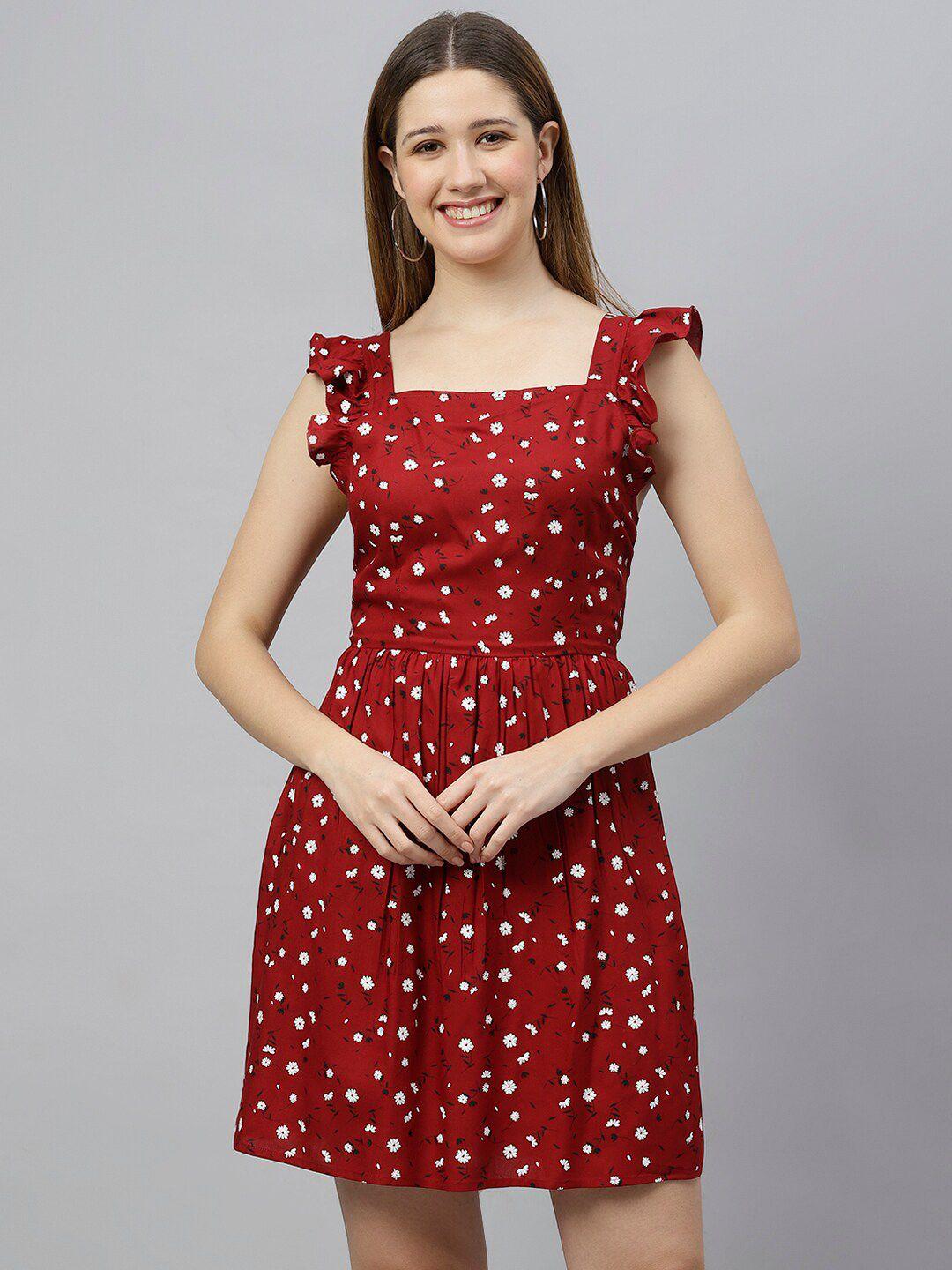 flamboyant women maroon & white floral square neck fit & flare dress