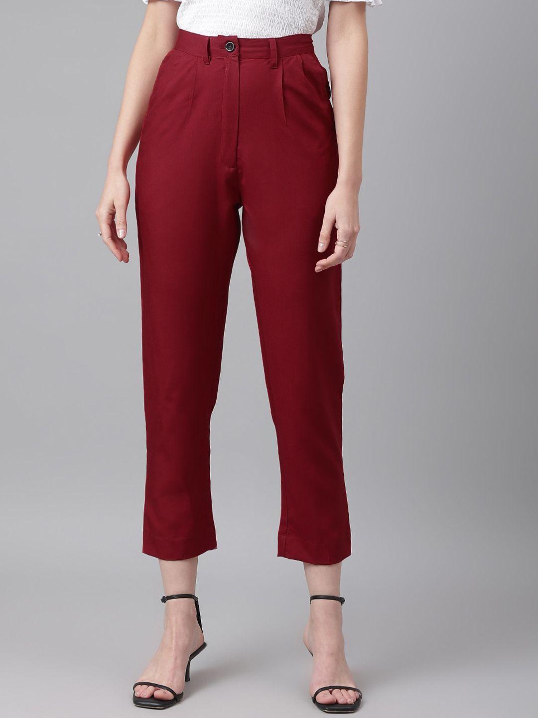 flamboyant women maroon solid high-rise pleated trouser