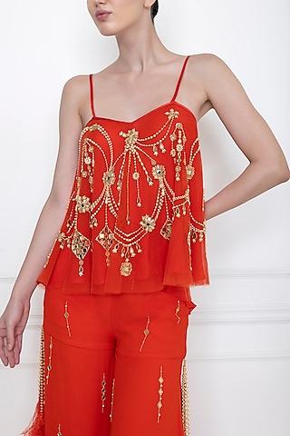 flame red embellished spaghetti camisole