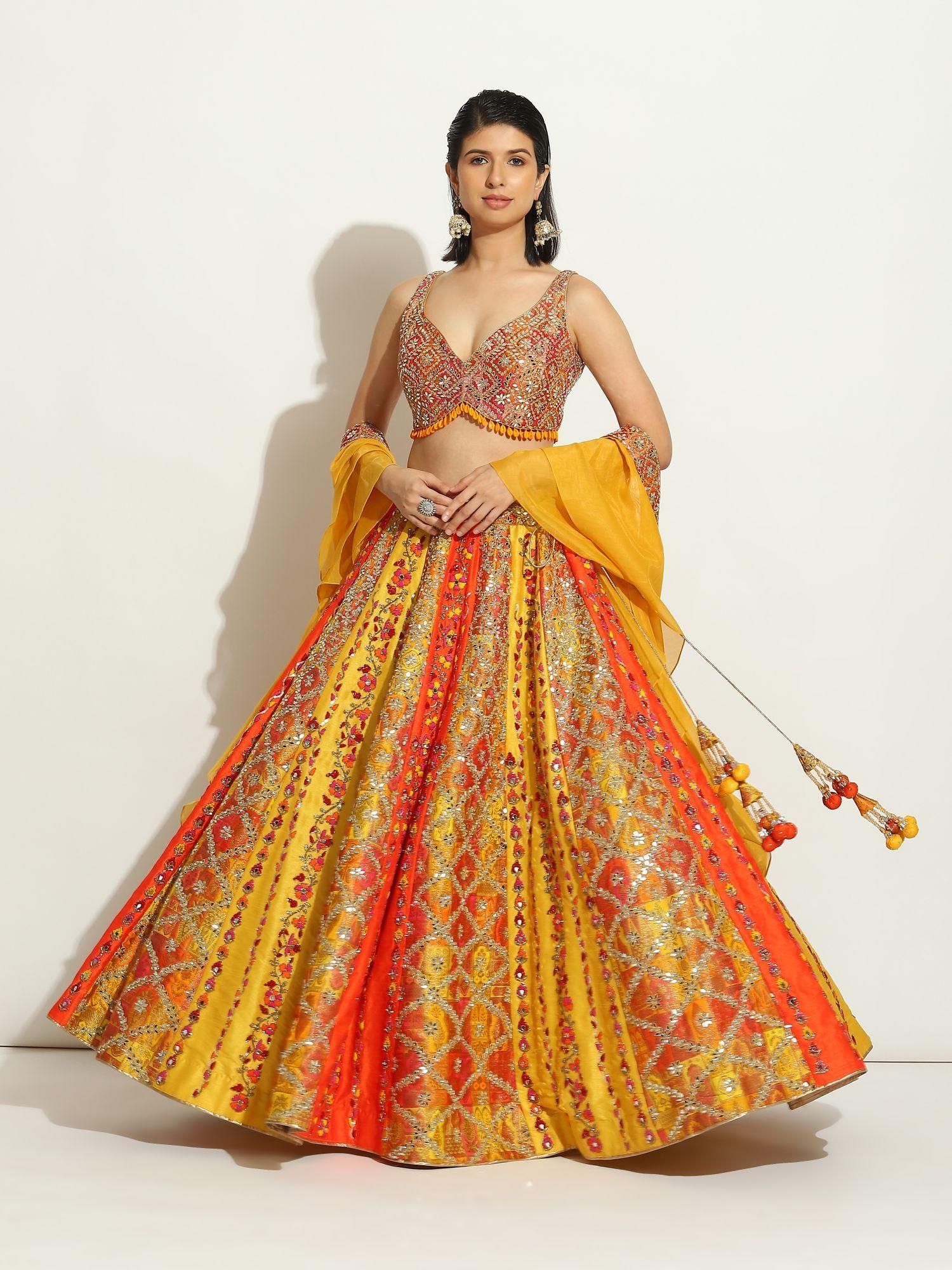 flame color brocade lehenga with mirror and thread work (set of 3)