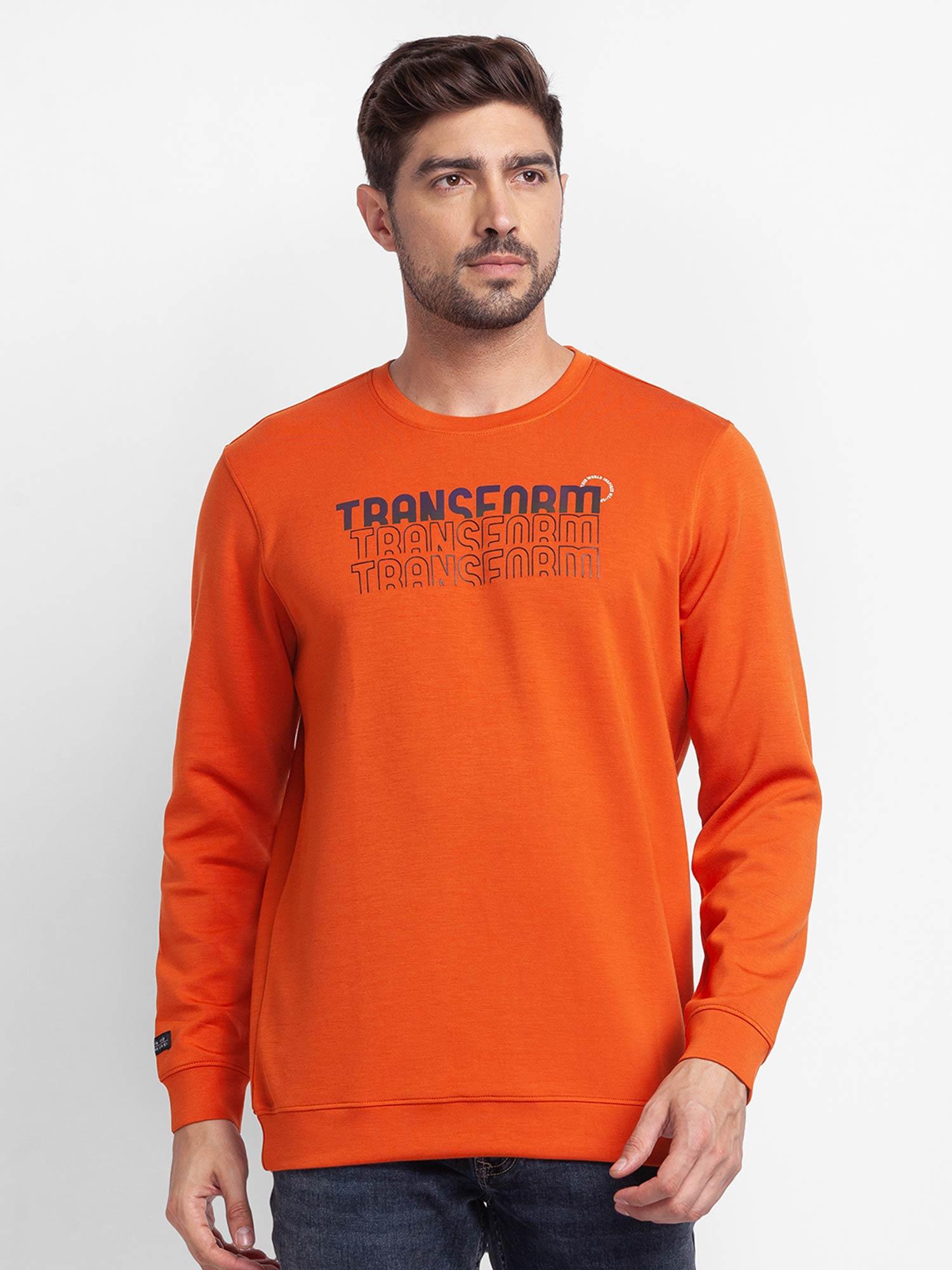 flame orange cotton full sleeve round neck sweatshirt for men