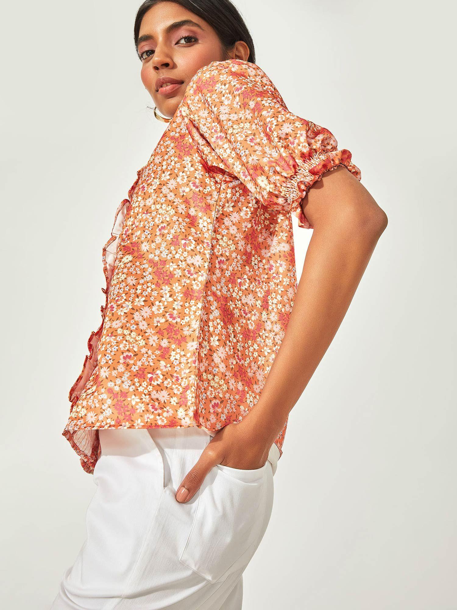 flame orange floral ruffle neck top