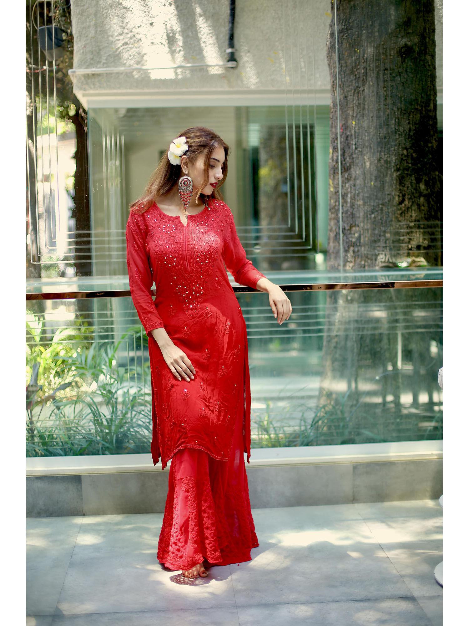 flame scarlet ombré chikankari kurta