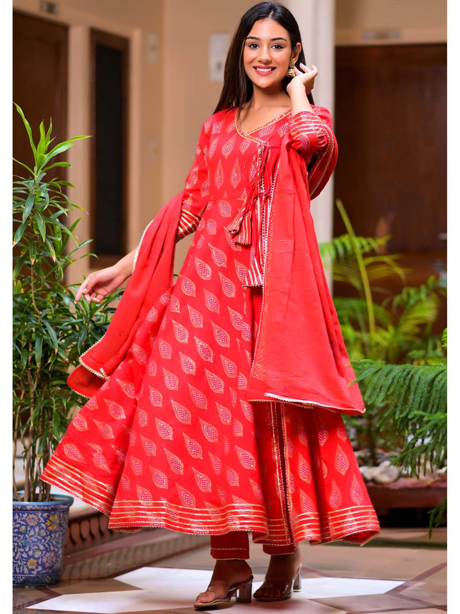 flaming red printed flared anarkali suit (set of 3)