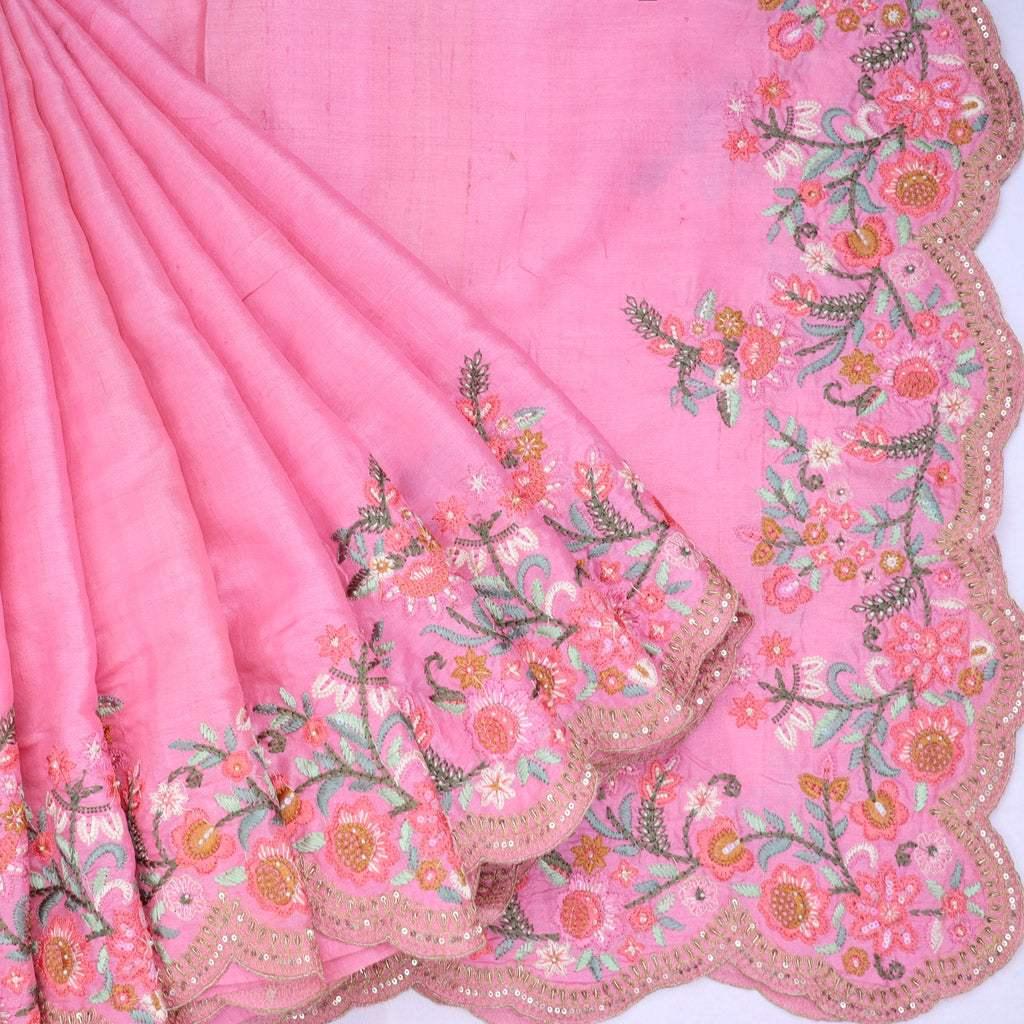 flamingo pink organza saree with floral embroidery