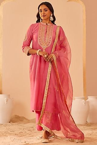 flamingo pink silk chanderi embroidered kurta set for girls