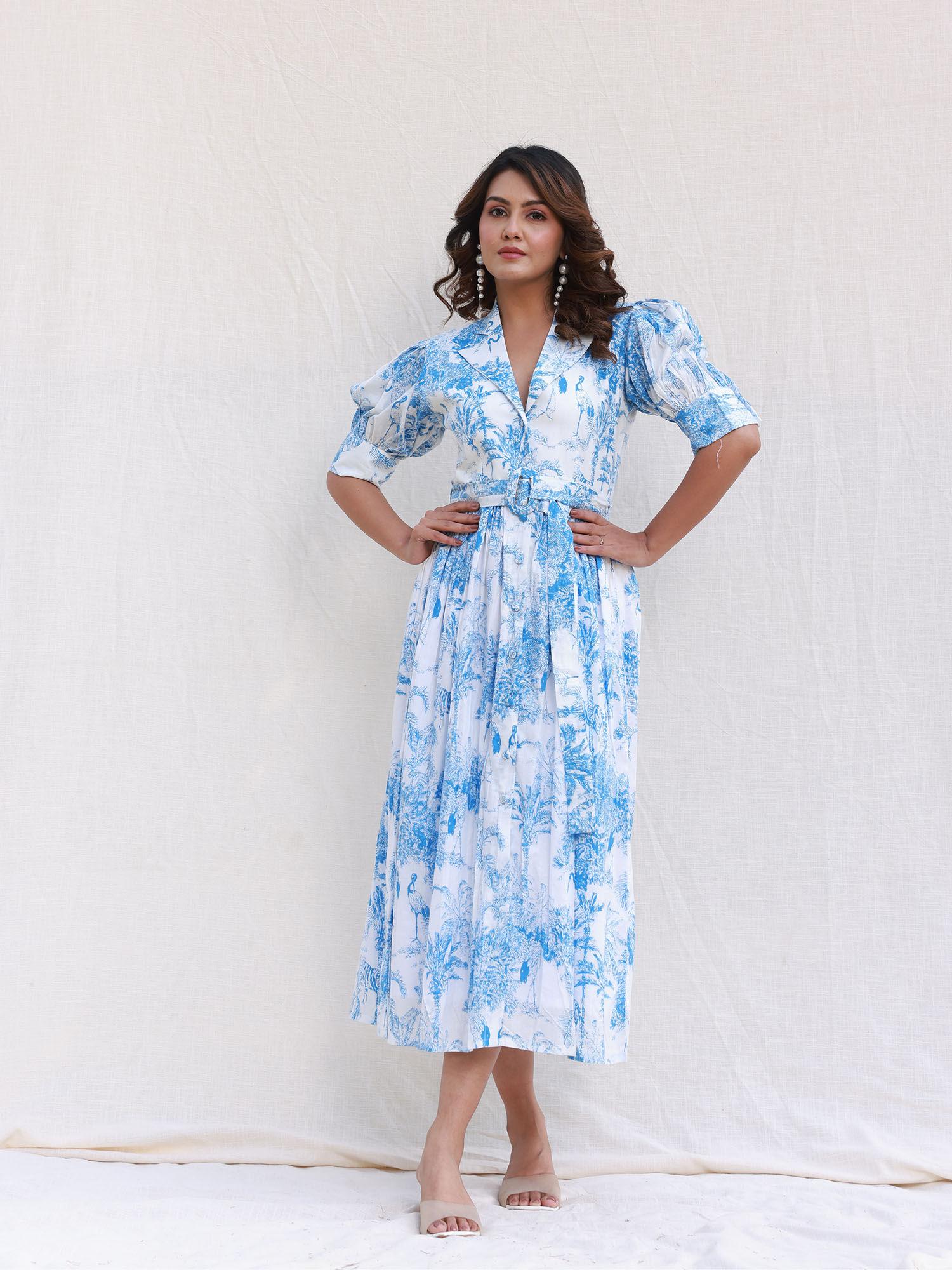 flamingo blue printed midi dress (set of 2)