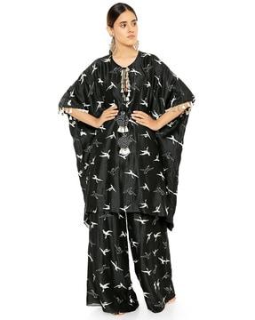 flamingo patterned banarsi silk kaftan with palazzos