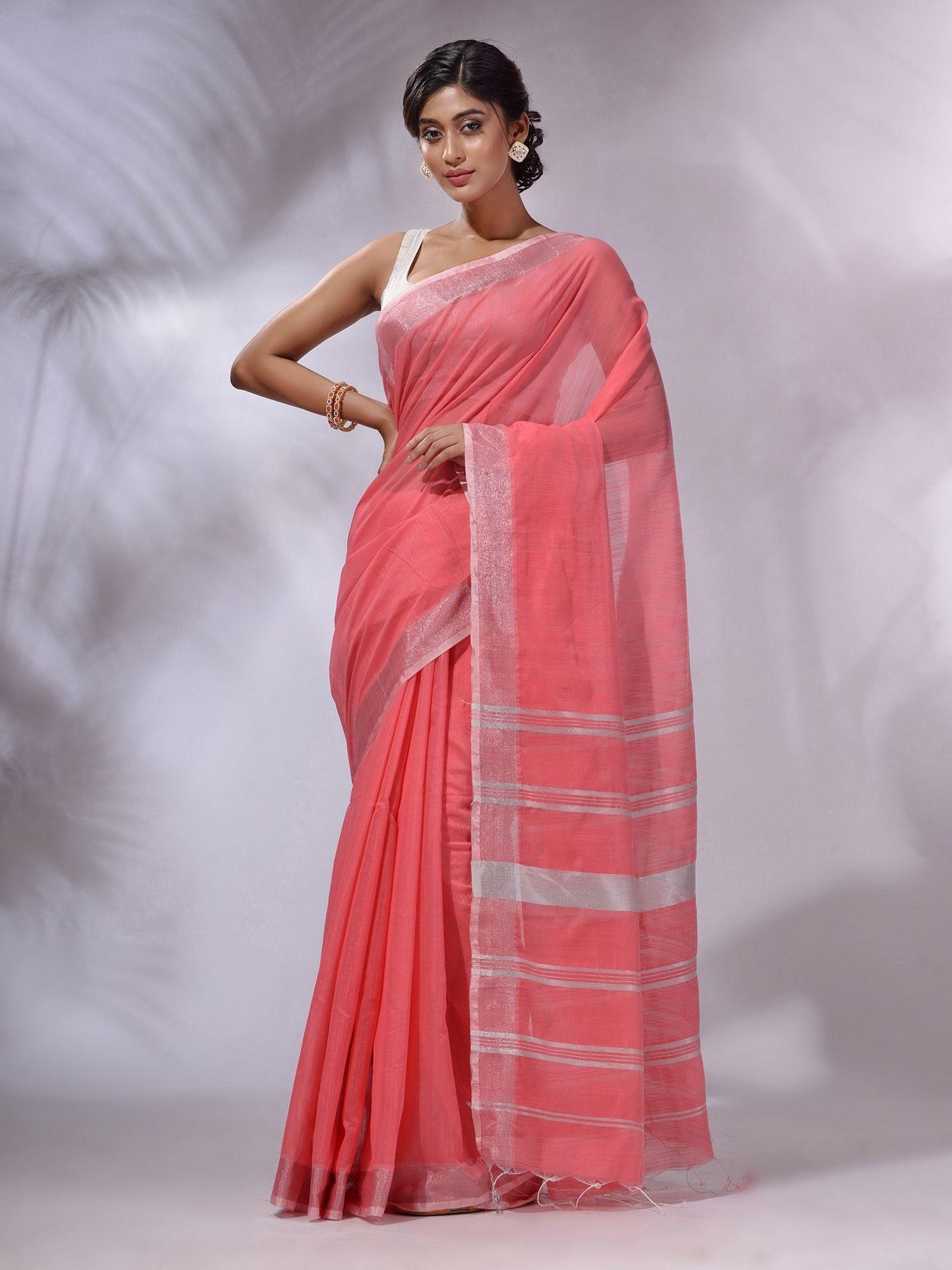 flamingo peach cotton silk handwoven saree with unstitched blouse and zari woven