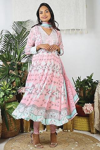 flamingo pink & pebble grey georgette printed anarkali set