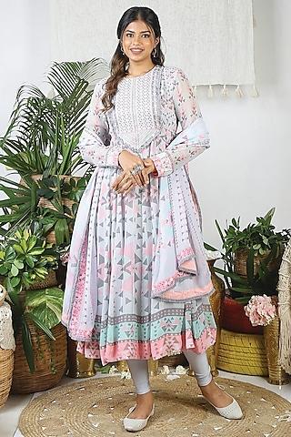 flamingo pink & pebble grey georgette printed anarkali set