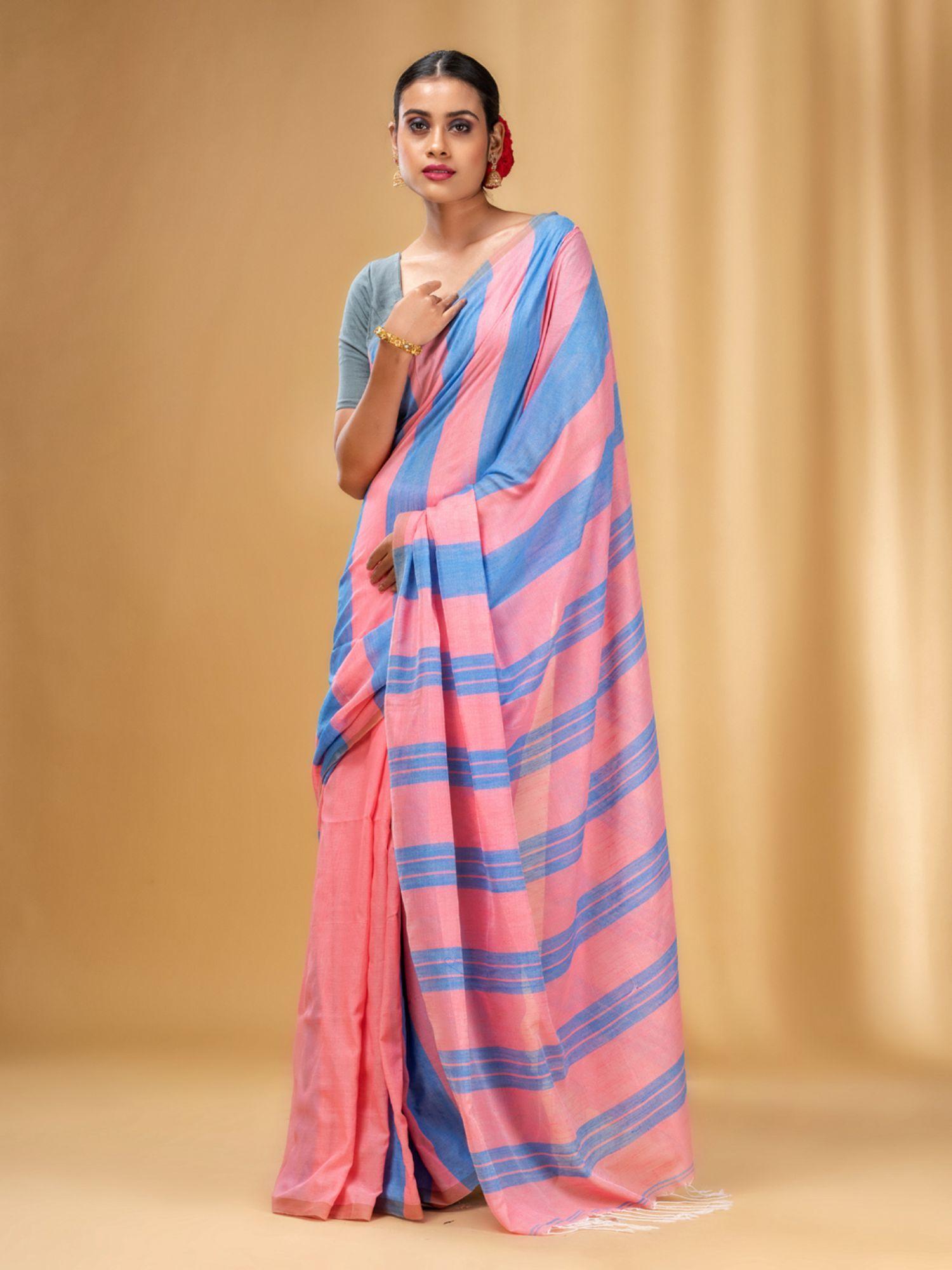 flamingo pink and sky blue handwoven half n half stripe saree with unstitched blouse