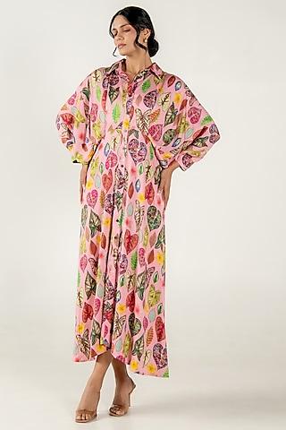 flamingo pink modal satin floral leaf printed maxi shirt dress