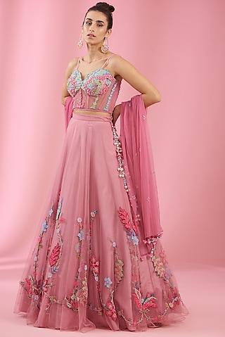 flamingo pink net embroidered lehenga set