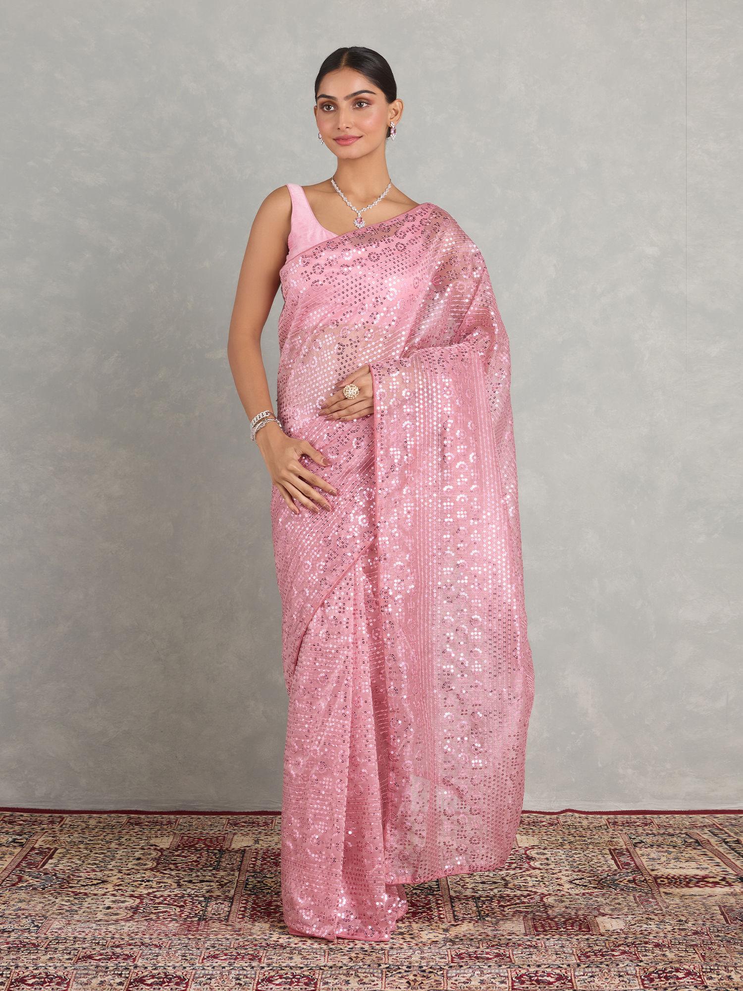 flamingo pink organza embroidered thread work party saree with unstitched blouse