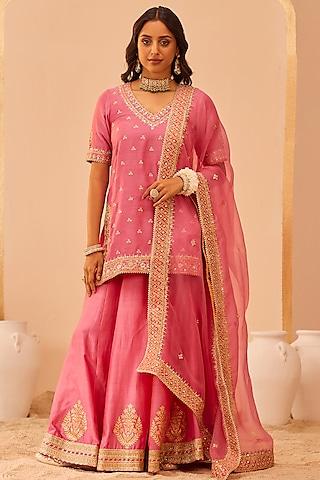 flamingo pink silk chanderi & banarasi embroidered kurta set