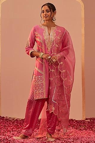 flamingo pink silk chanderi printed & embroidered kurta set for girls