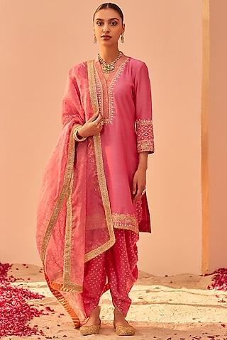 flamingo pink silk chanderi printed & embroidered kurta set