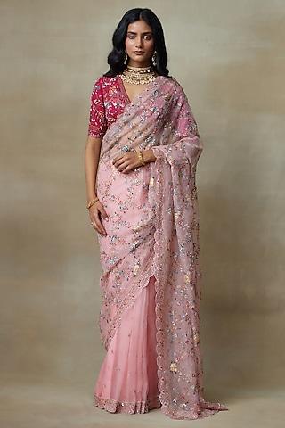 flamingo pink silk organza resham & thread embellished saree set