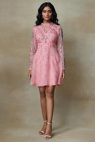 flamingo pink silk organza sequins hand embellished mini dress