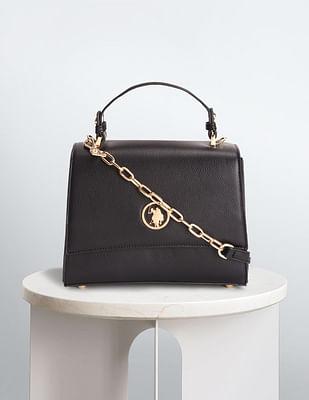 flap closure metallic logo sling bag