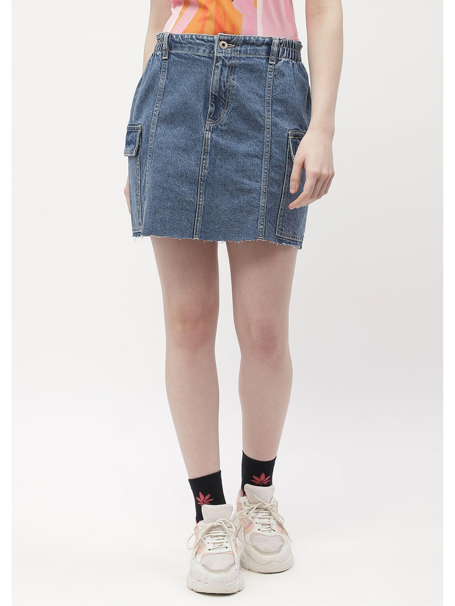 flap pocket blue mini skirt