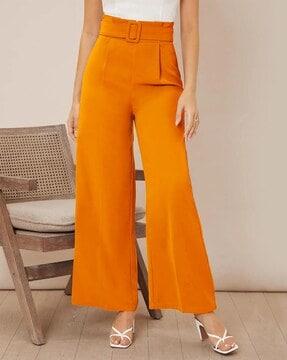 flared pleated pants with belt