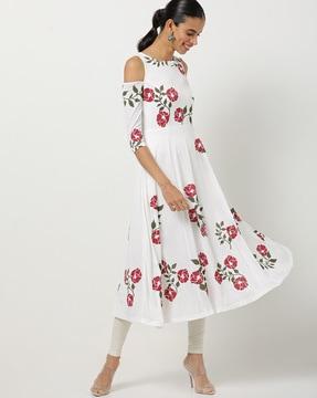 flared cold-shoulder floral print kurta