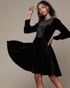 flared dress with embroidered yoke