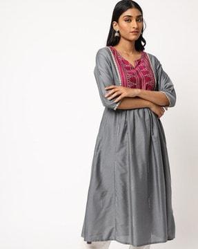 flared kurta with contrast embroidered yoke