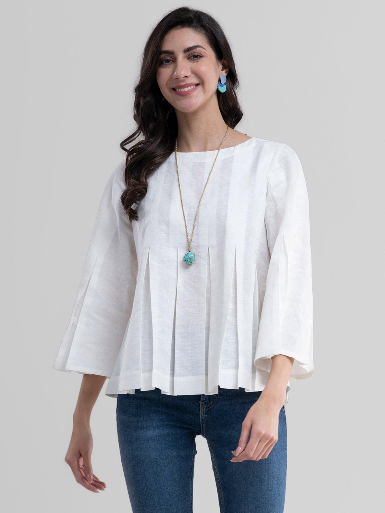 flared linen pleated top - white