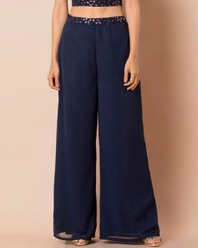 flared palazzo pants with embroidered waist