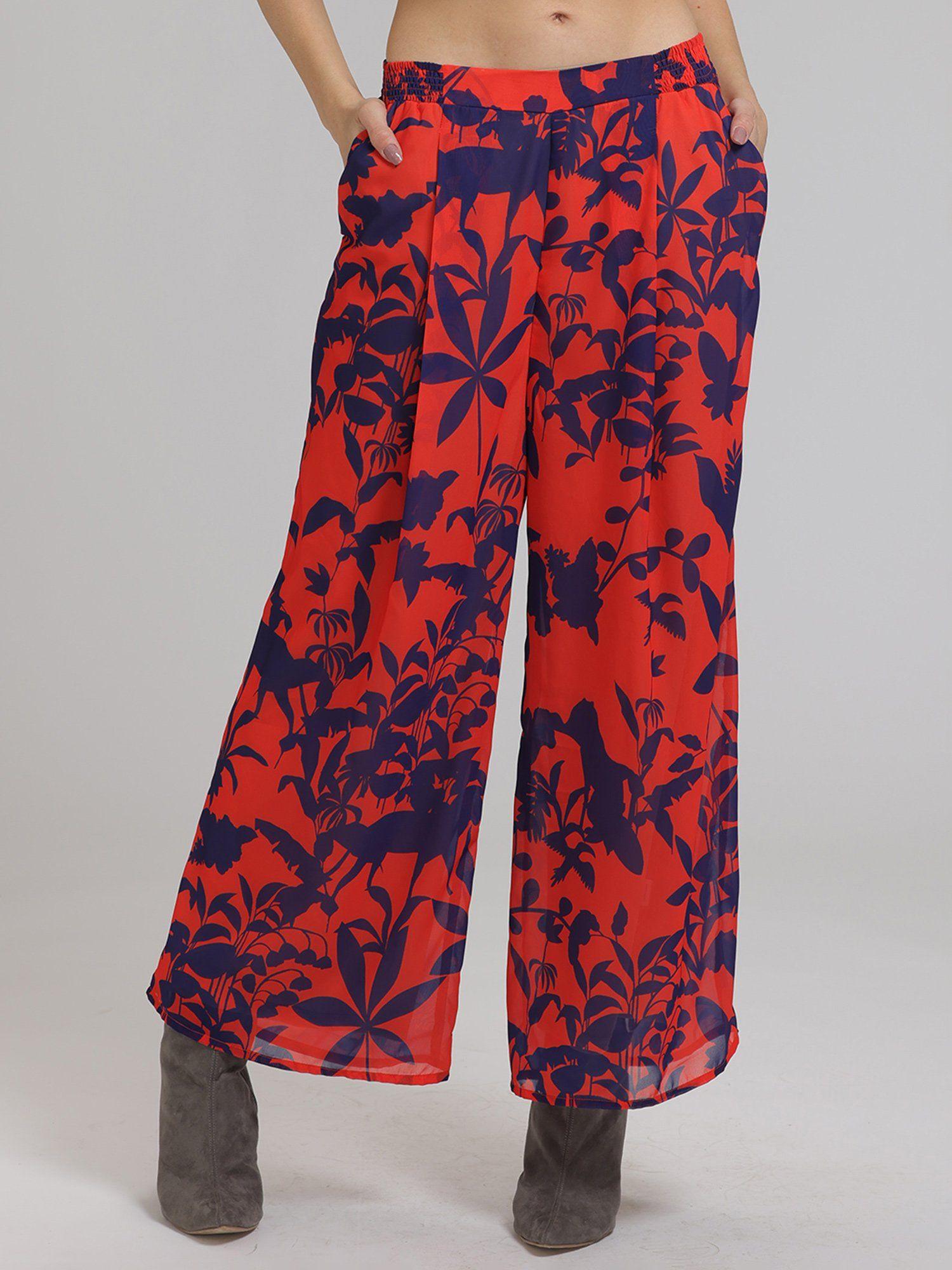 flared red & blue floral printed ankle length casual trousers for women