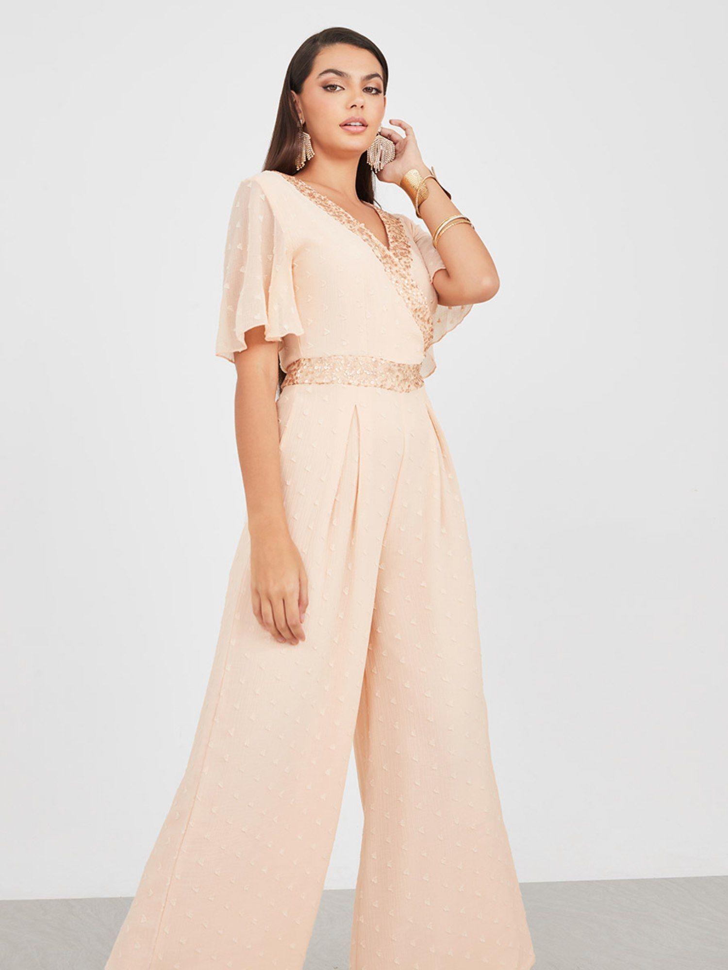 flared sleeve v-neck with embellished trim dobby jumpsuit