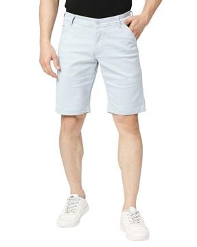 flat front denim shorts with insert pocket