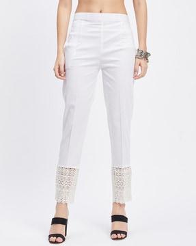 flat front trousers with crochet lace border