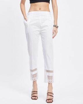 flat front trousers with crochet lace border