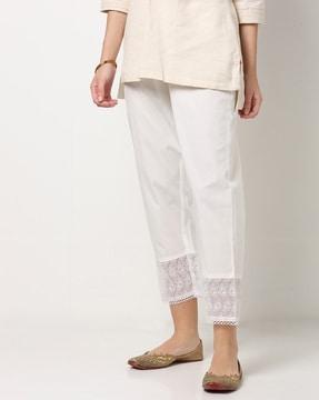 flat-front ankle-length pants with semi-elasticated waist