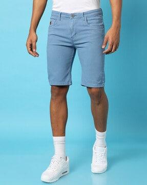 flat-front denim shorts
