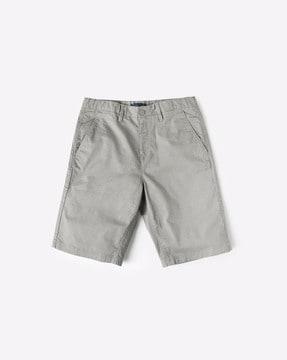 flat-front shorts with button closure