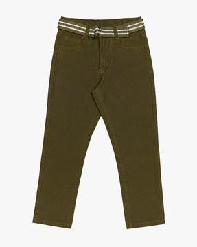 flat-front trousers with belt