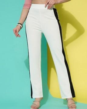 flat-front trousers with contrast side taping