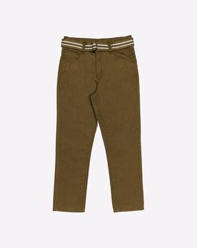 flat-front trousers with fabric belt